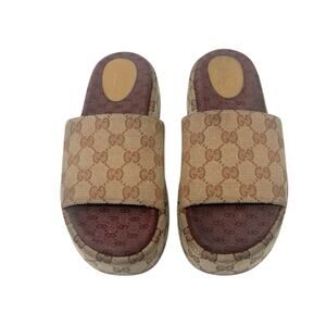 Gucci Angelina GG Canvas Monogram Print Platform Slides Brown Size 38.5